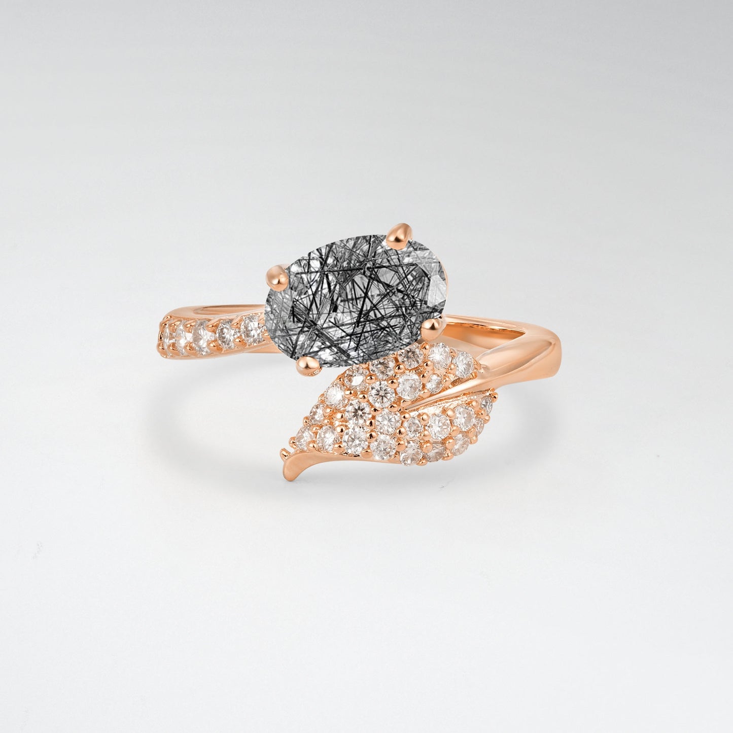 Nature-Inspired Oval Cut Black Rutilated Quartz 1.5CT Pave Leaf Bypass Engagement Ring - Additional view