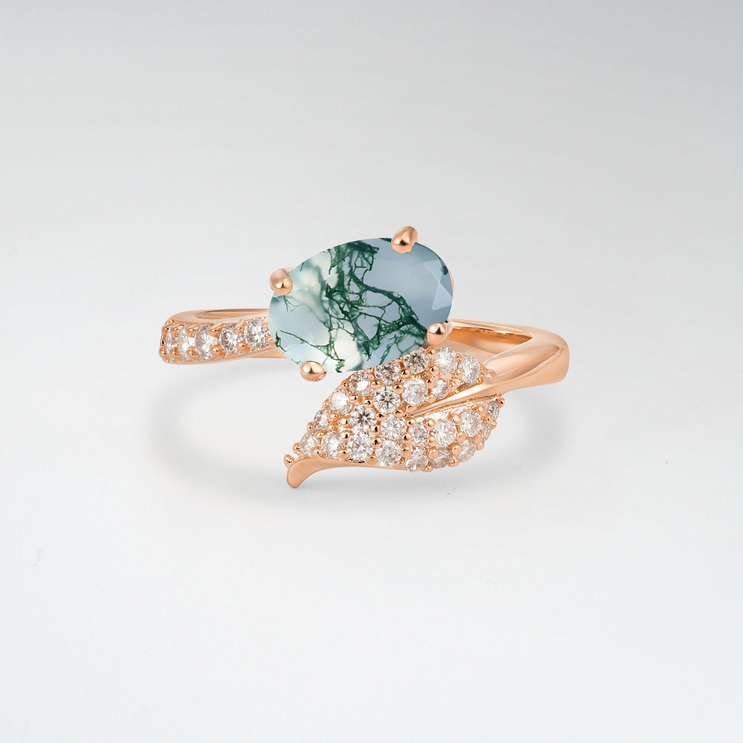 Nature-Inspired Oval Cut Moss Agate 1.5CT Pave Leaf Bypass Engagement Ring - Additional view
