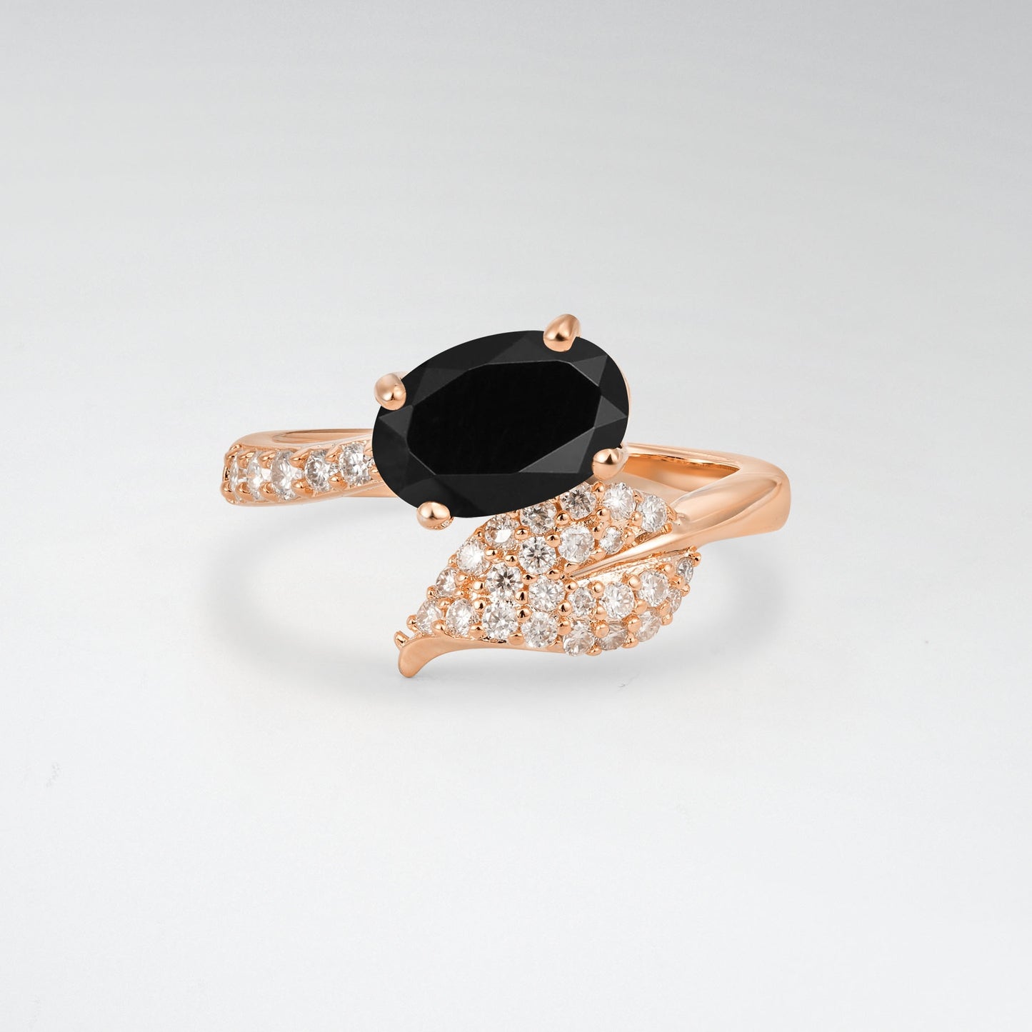 Nature-Inspired Oval Cut Black Onyx 1.5CT Pave Leaf Bypass Engagement Ring - Additional view