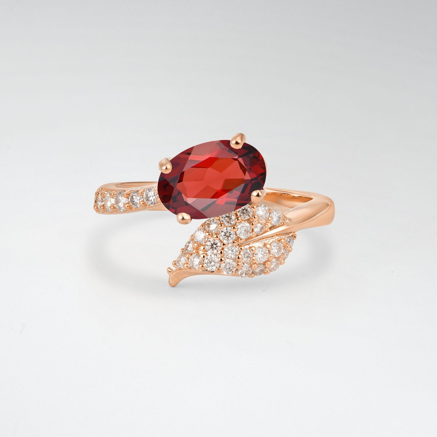 Nature-Inspired Oval Cut Garnet 1.5CT Pave Leaf Bypass Engagement Ring - Additional view