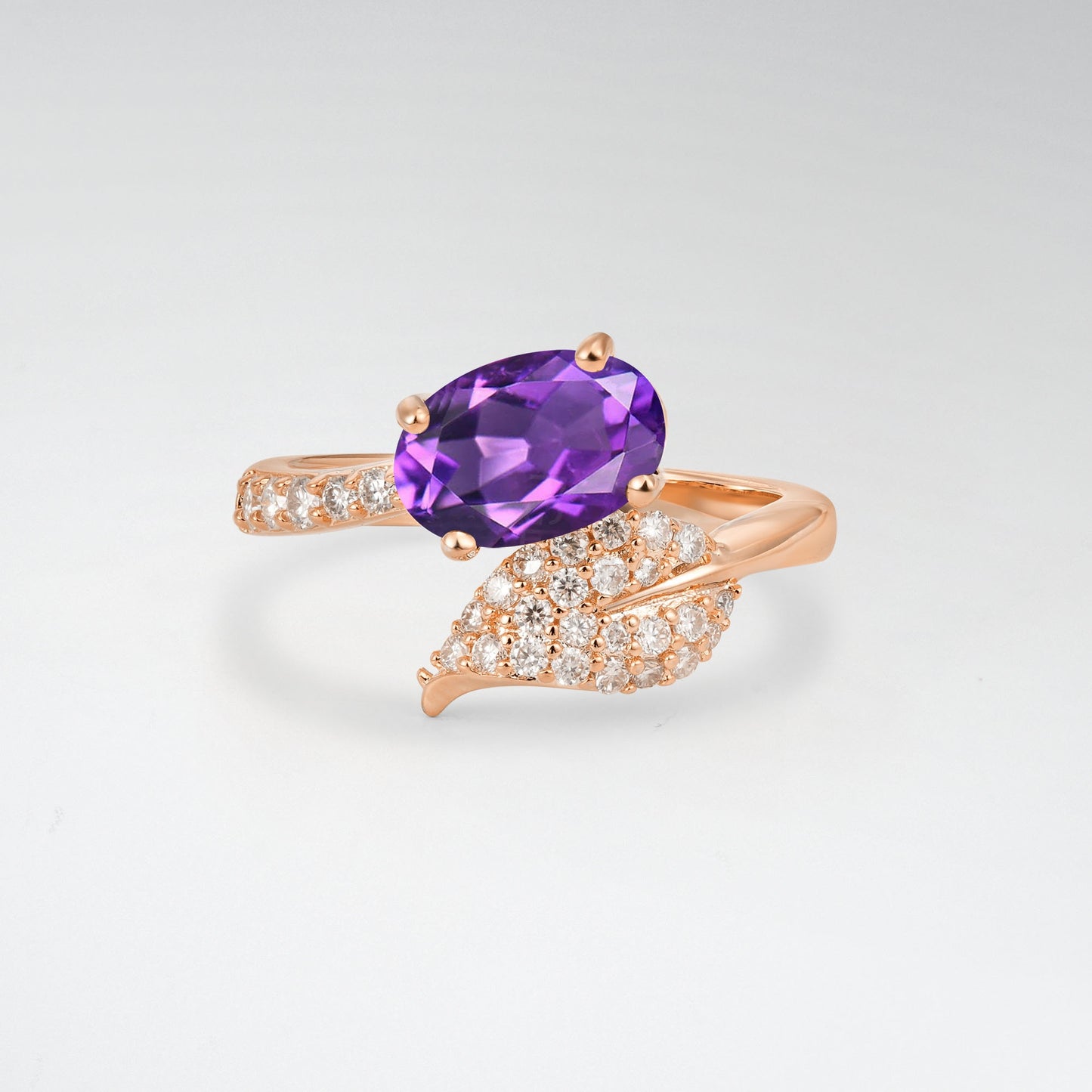 Nature-Inspired Oval Cut Amethyst 1.5CT Pave Leaf Bypass Engagement Ring - Additional view