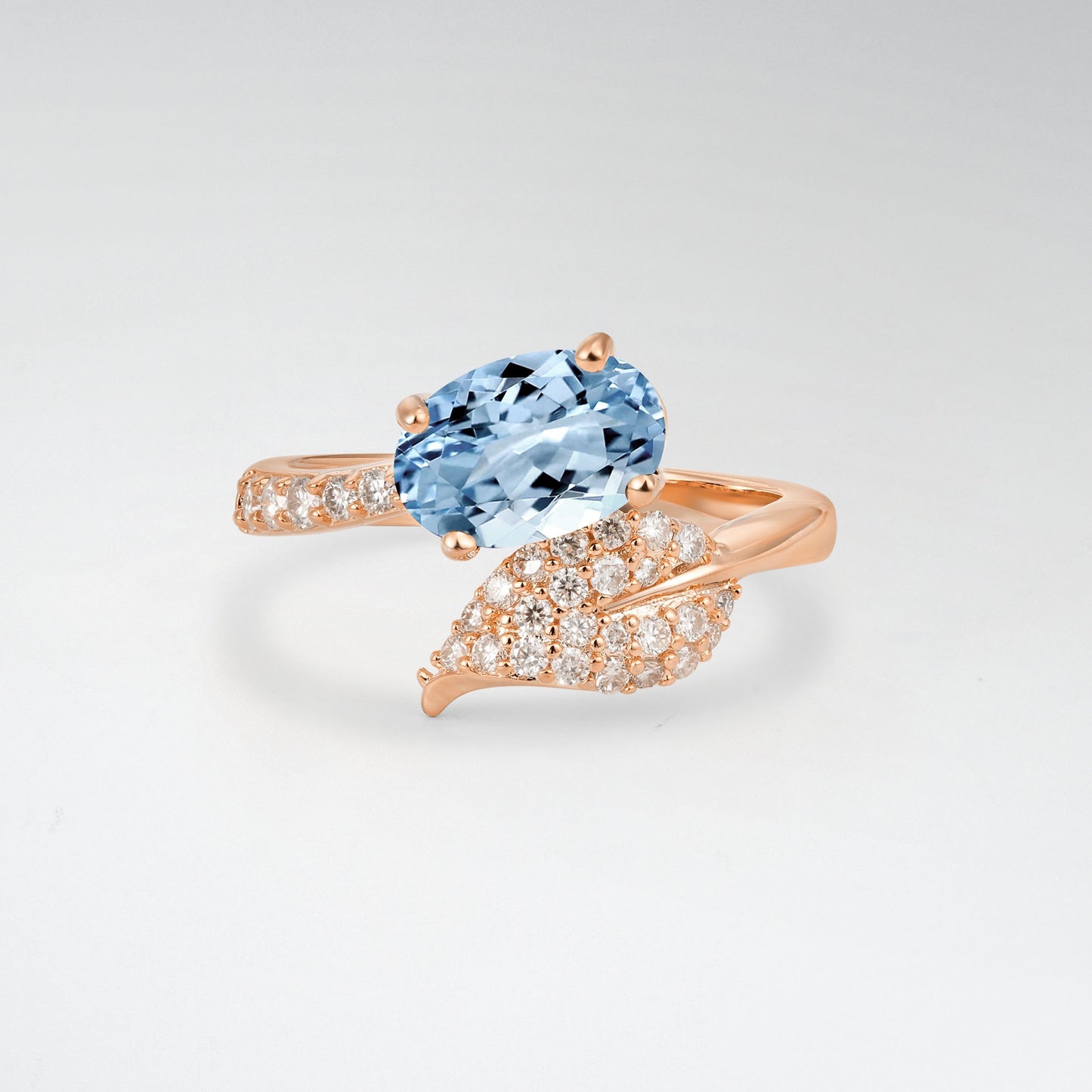 Nature-Inspired Oval Cut Aquamarine 1.5CT Pave Leaf Bypass Engagement Ring - Additional view