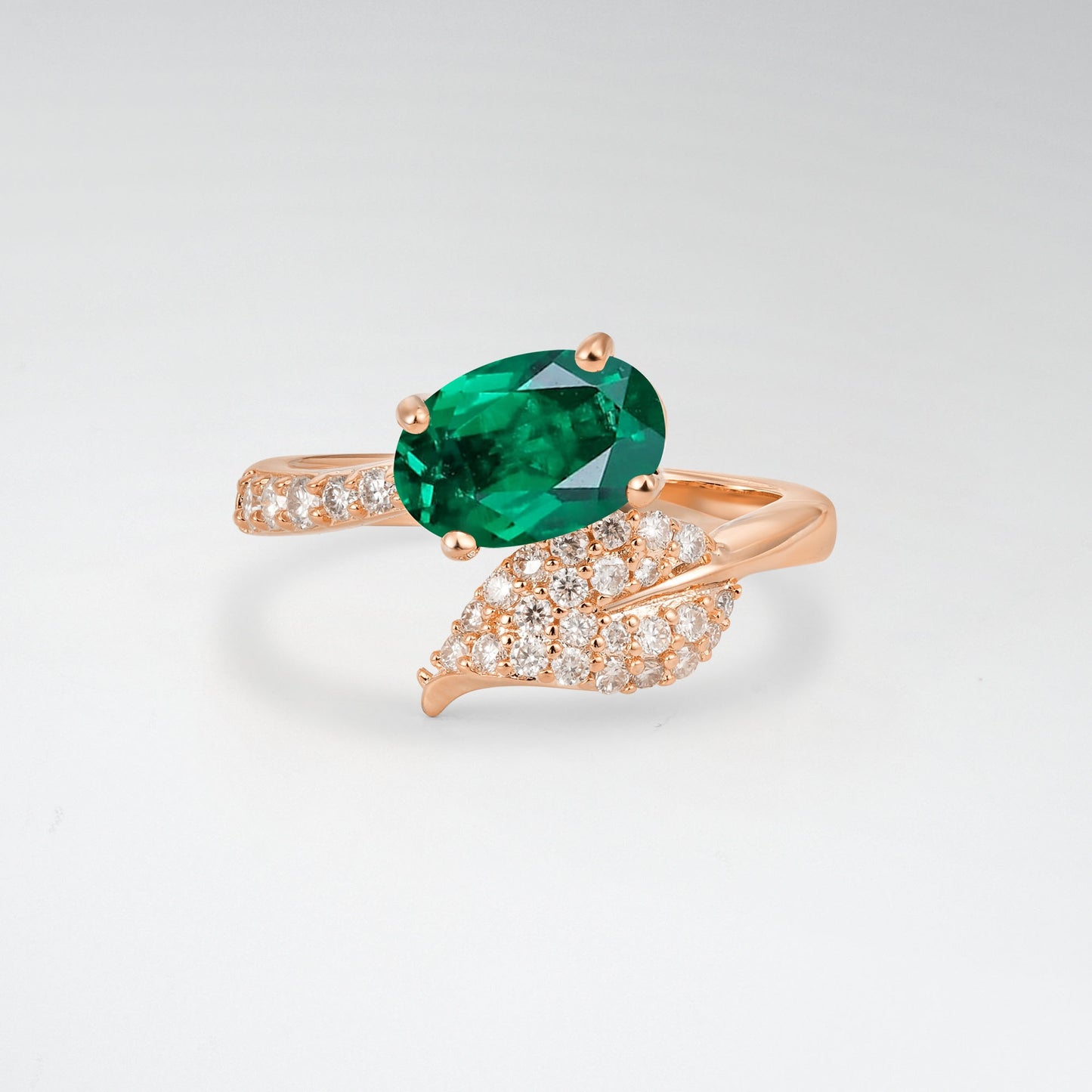 Nature-Inspired Oval Cut Emerald 1.5CT Pave Leaf Bypass Engagement Ring - Additional view