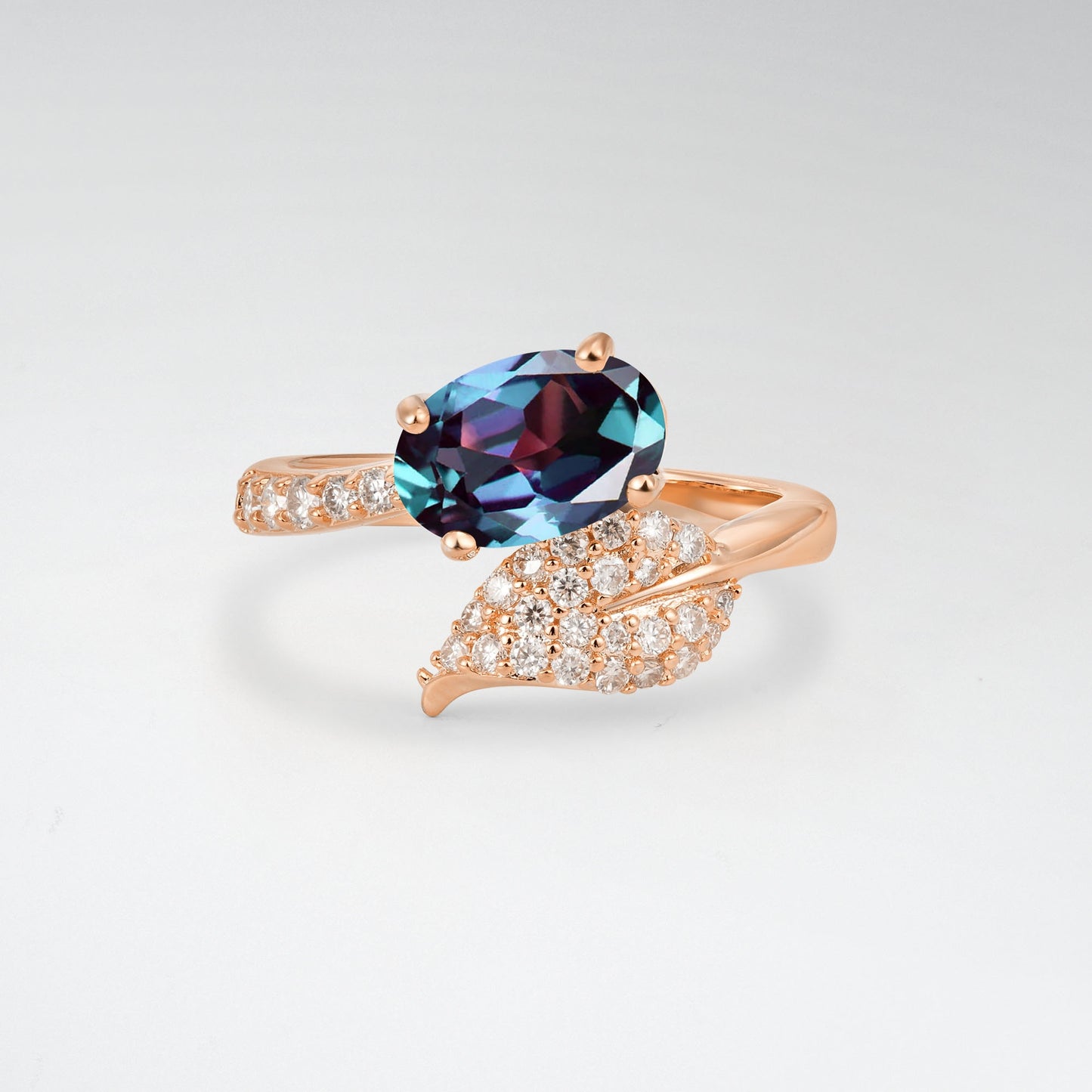 Nature-Inspired Oval Cut Alexandrite 1.5CT Pave Leaf Bypass Engagement Ring - Additional view