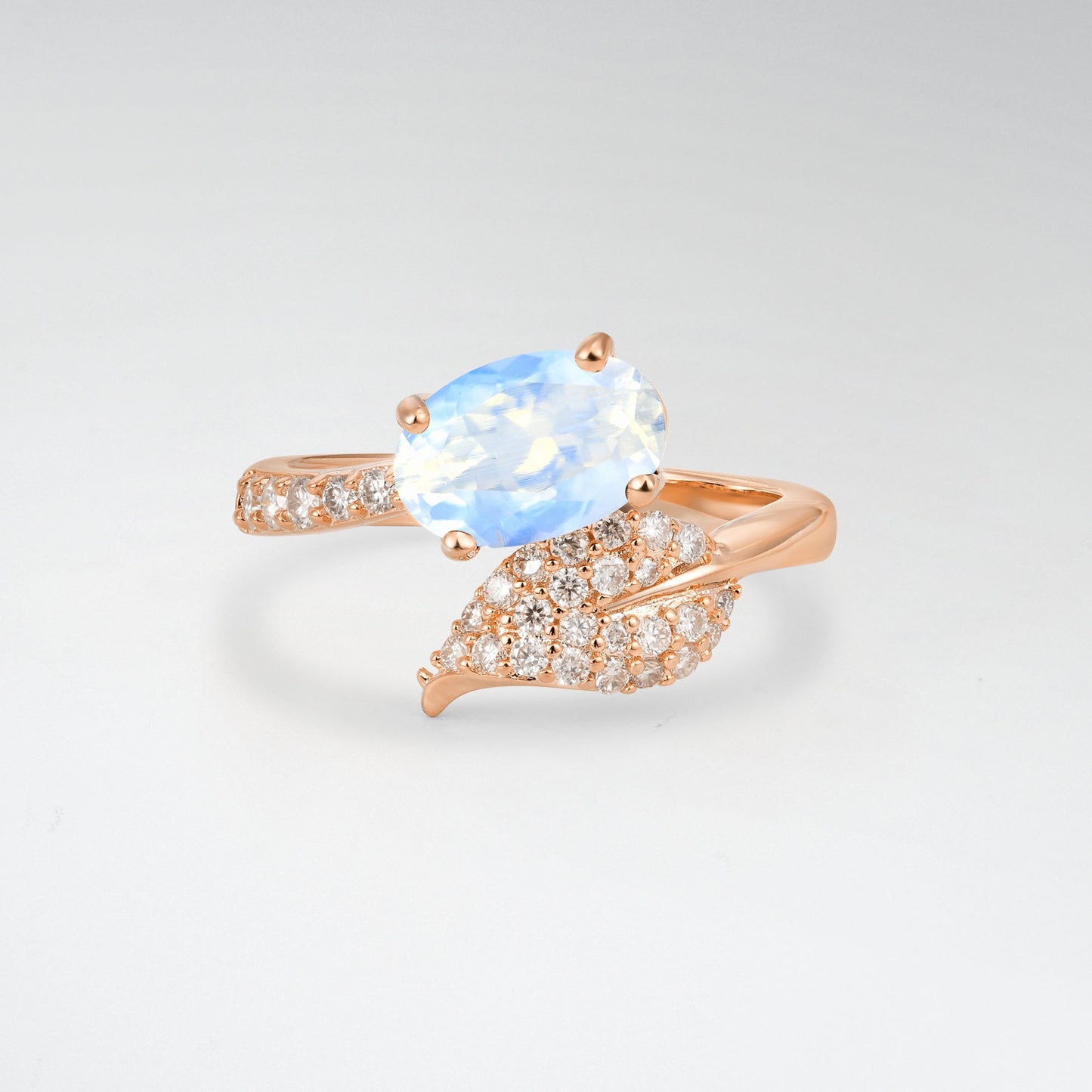 Nature-Inspired Oval Cut Moonstone 1.5CT Pave Leaf Bypass Engagement Ring - Additional view