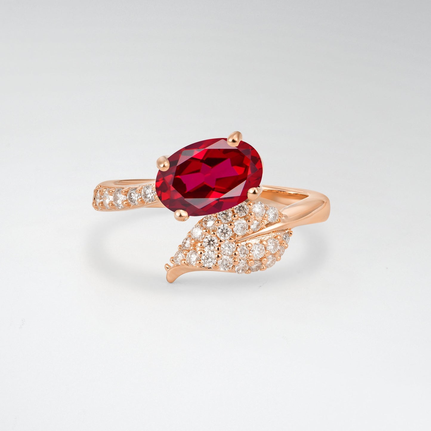 Nature-Inspired Oval Cut Ruby 1.5CT Pave Leaf Bypass Engagement Ring - Additional view