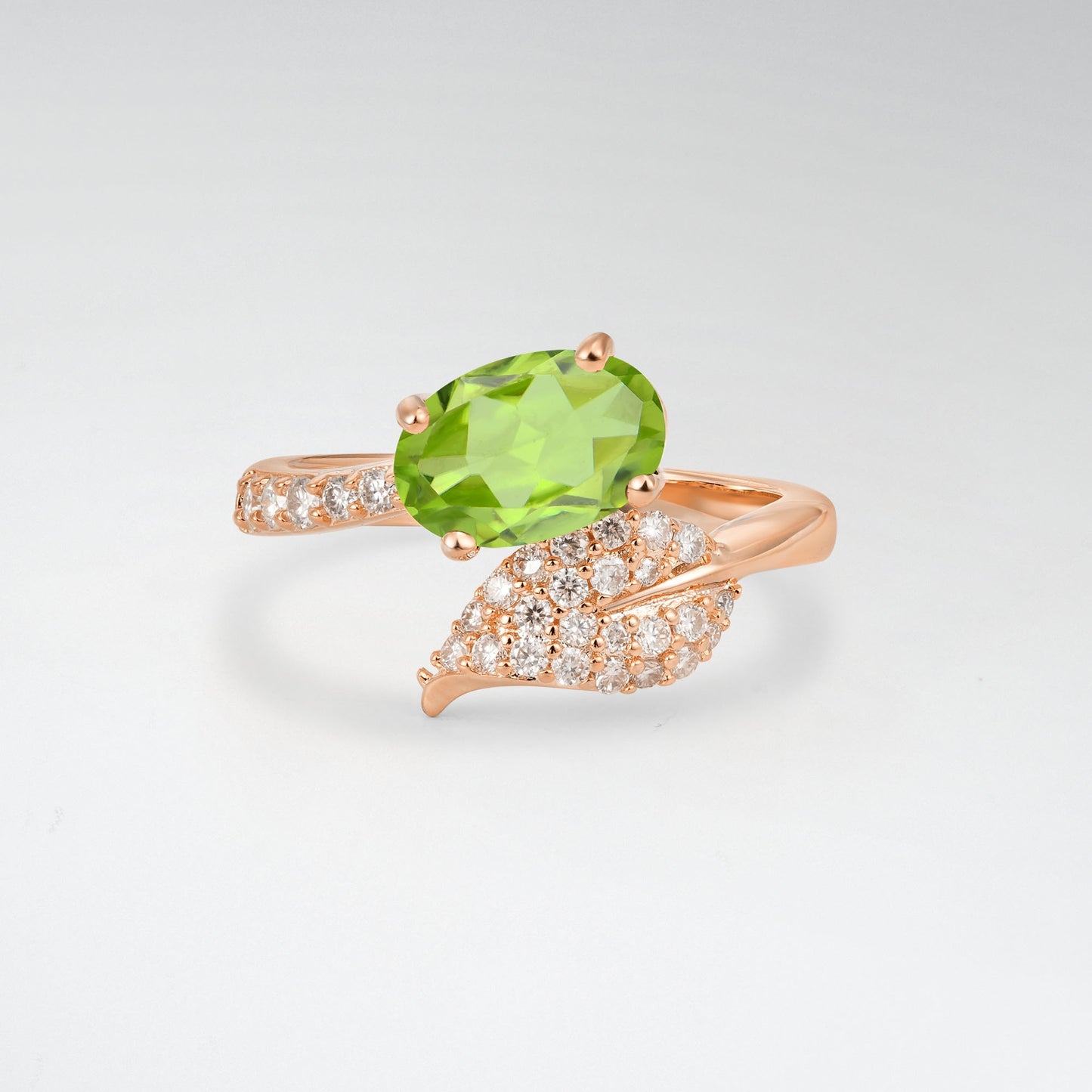 Nature-Inspired Oval Cut Peridot 1.5CT Pave Leaf Bypass Engagement Ring - Additional view