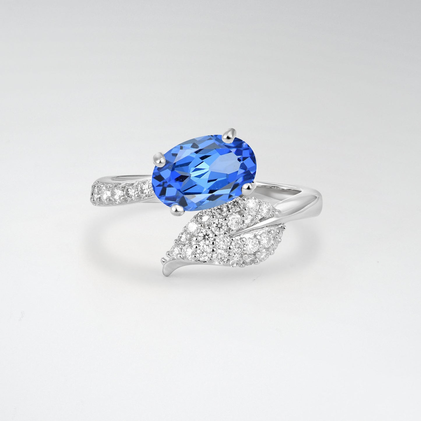 Nature-Inspired Oval Cut Sapphire 1.5CT Pave Leaf Bypass Engagement Ring - Additional view