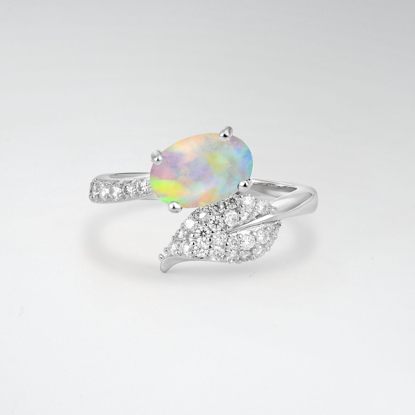 Nature-Inspired Oval Cut Opal 1.5CT Pave Leaf Bypass Engagement Ring - Additional view