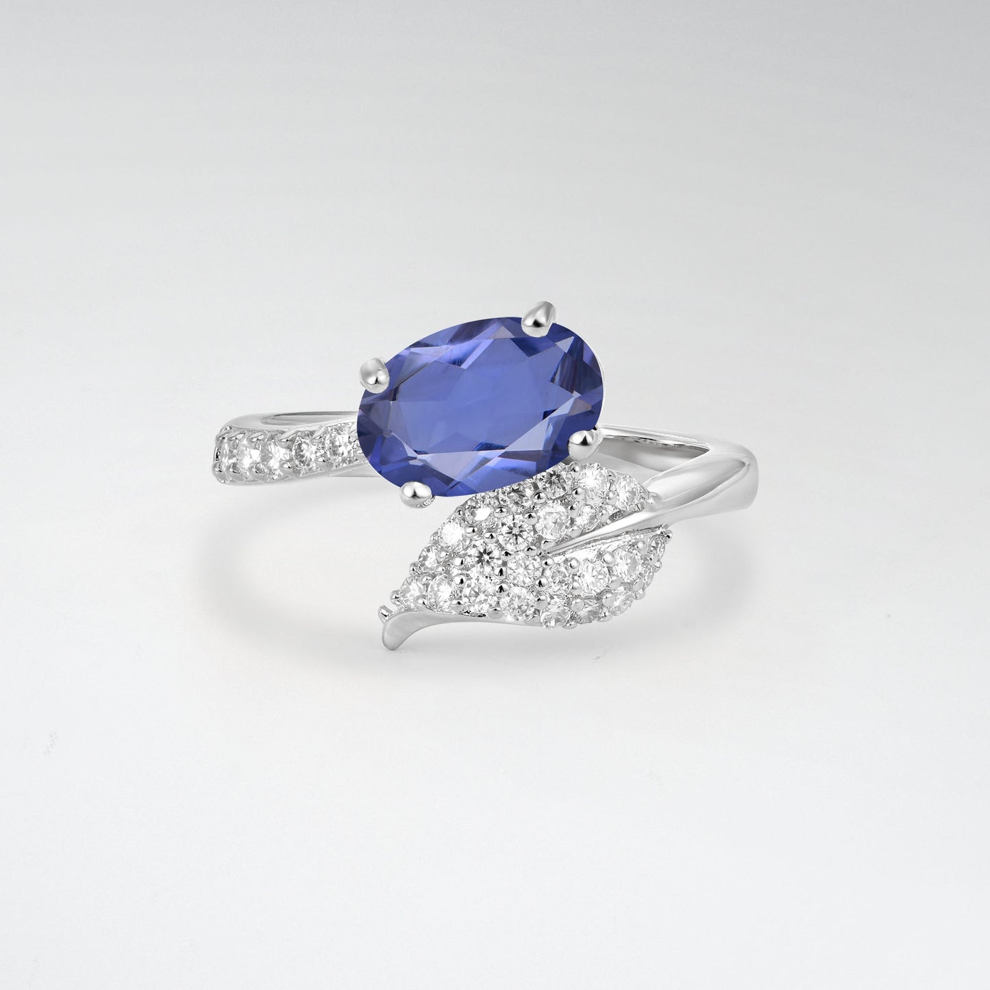 Nature-Inspired Oval Cut Tanzanite 1.5CT Pave Leaf Bypass Engagement Ring - Additional view