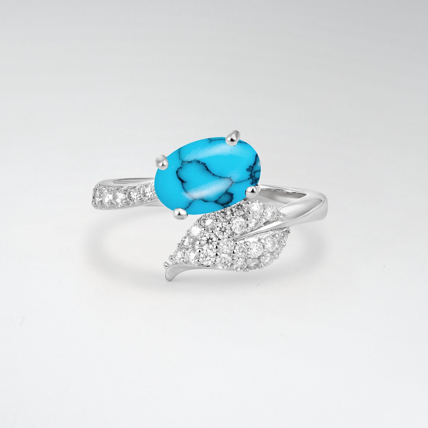Nature-Inspired Oval Cut Turquoise 1.5CT Pave Leaf Bypass Engagement Ring - Additional view