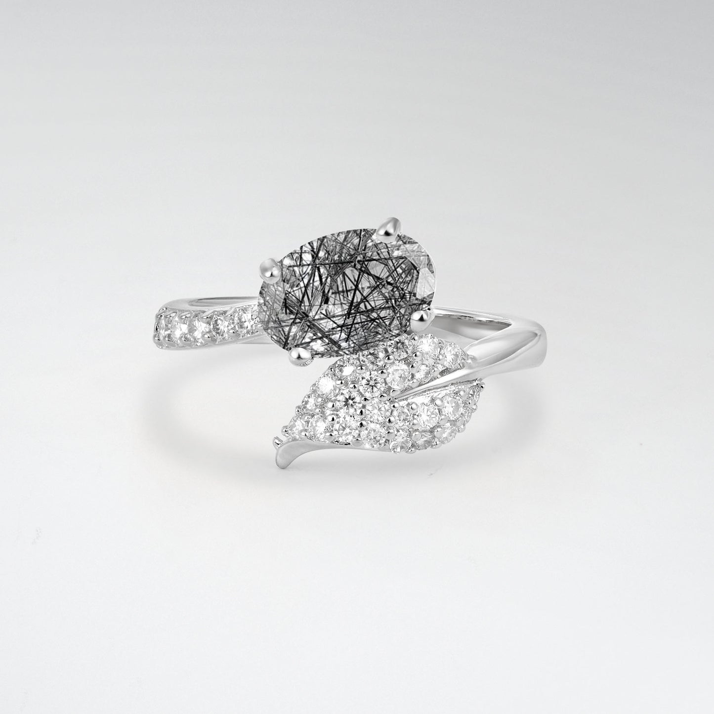 Nature-Inspired Oval Cut Black Rutilated Quartz 1.5CT Pave Leaf Bypass Engagement Ring - Additional view
