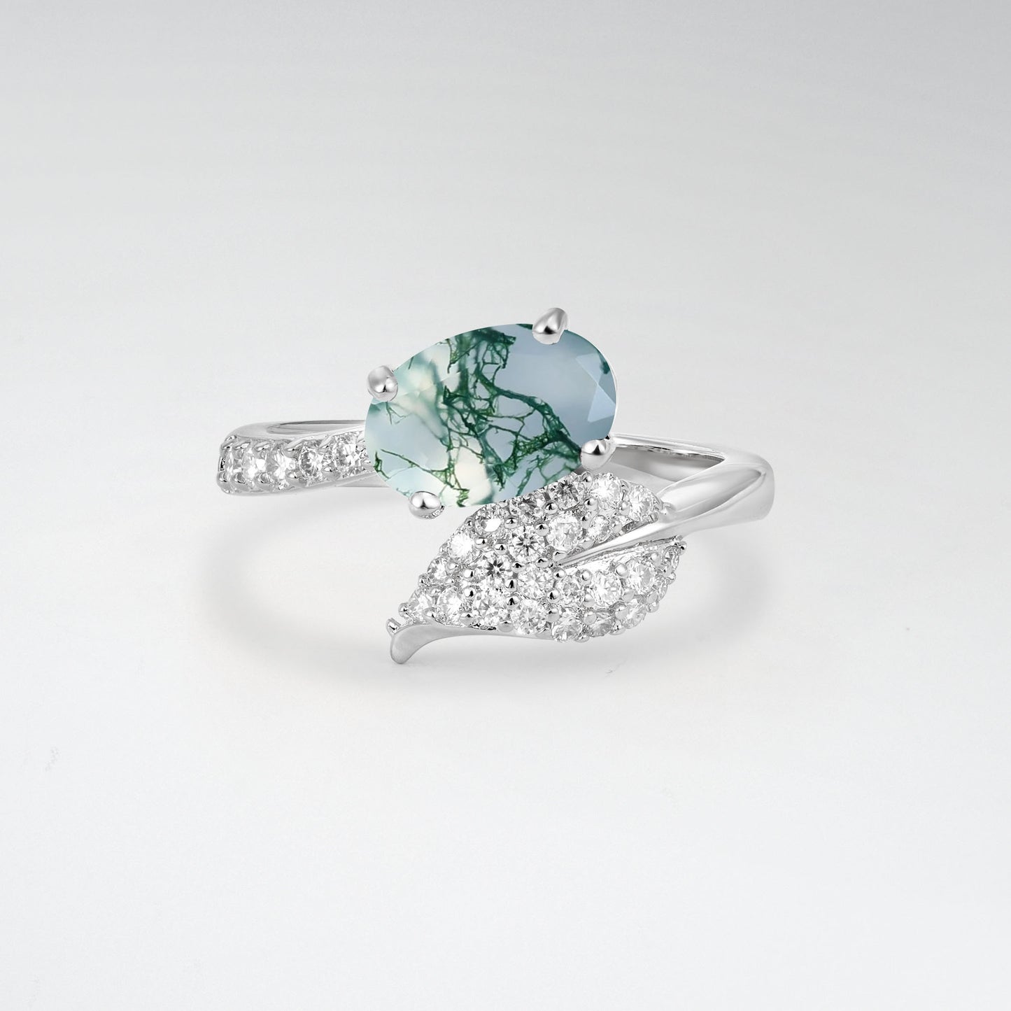 Nature-Inspired Oval Cut Moss Agate 1.5CT Pave Leaf Bypass Engagement Ring - Additional view