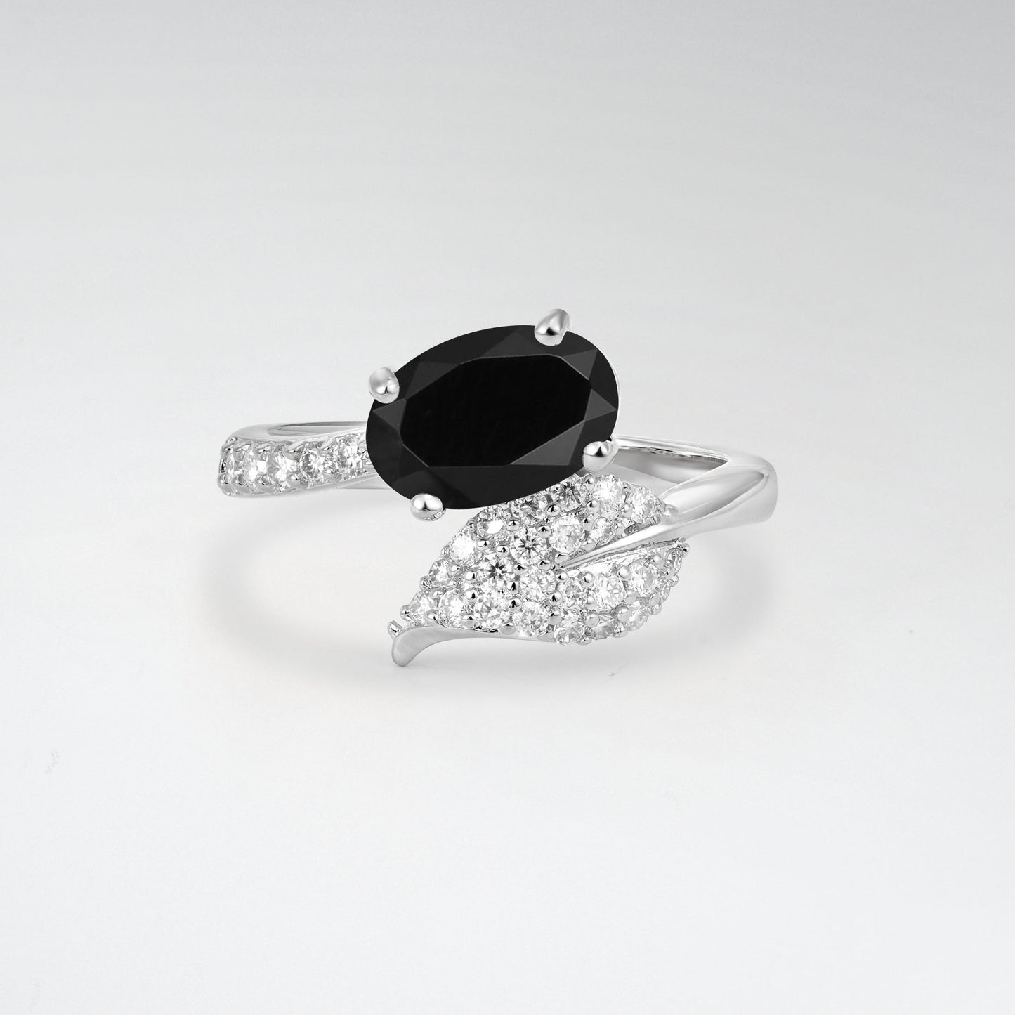 Nature-Inspired Oval Cut Black Onyx 1.5CT Pave Leaf Bypass Engagement Ring - Additional view
