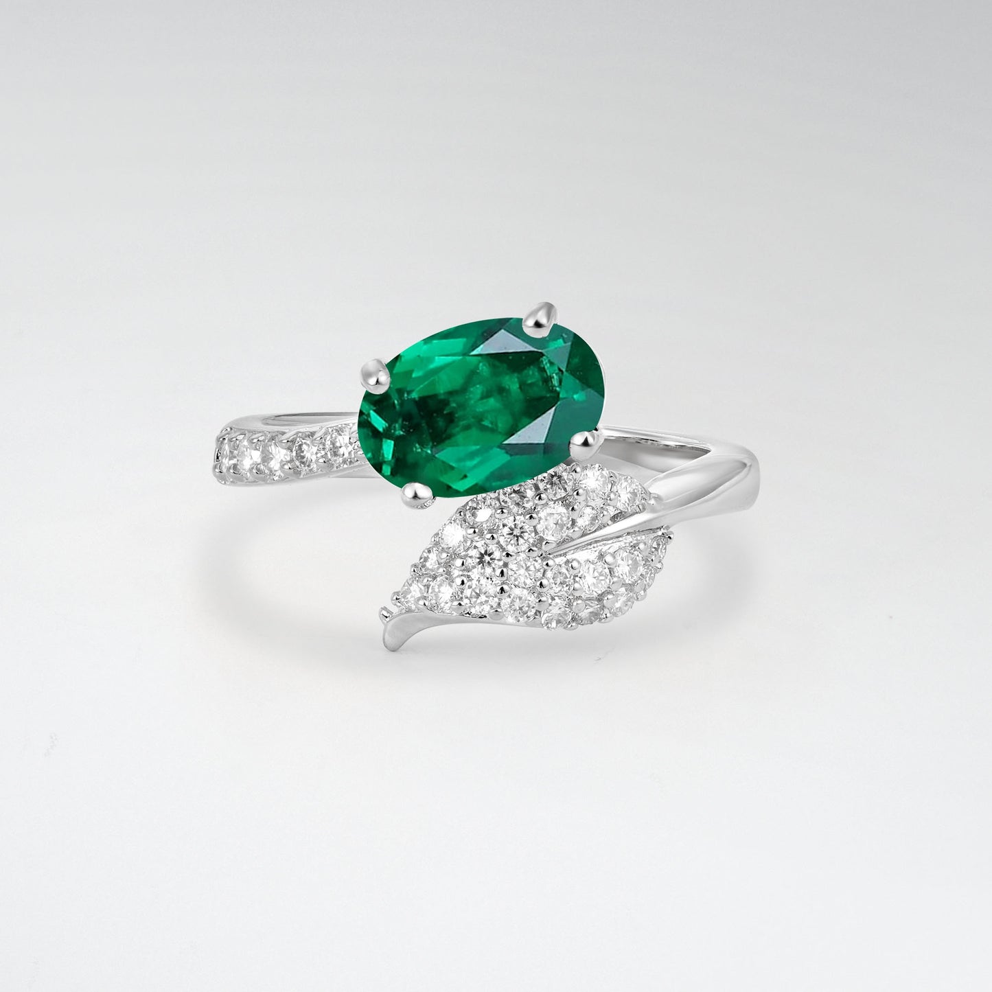 Nature-Inspired Oval Cut Emerald 1.5CT Pave Leaf Bypass Engagement Ring - Additional view