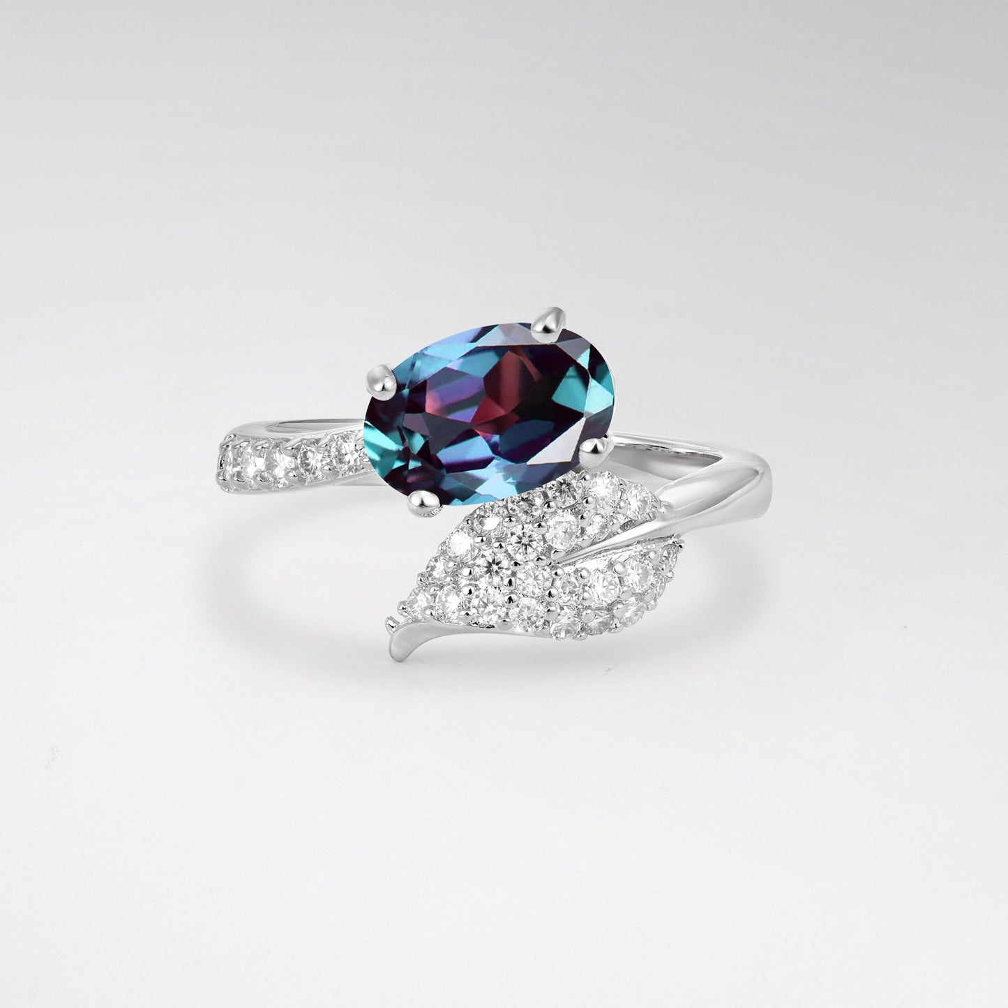 Nature-Inspired Oval Cut Alexandrite 1.5CT Pave Leaf Bypass Engagement Ring - Additional view