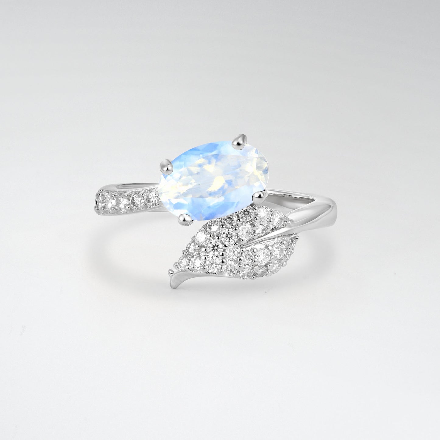 Nature-Inspired Oval Cut Moonstone 1.5CT Pave Leaf Bypass Engagement Ring - Additional view