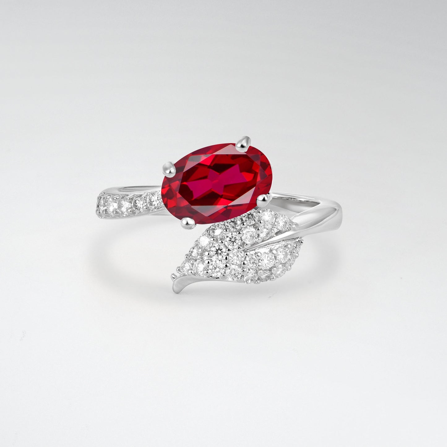 Nature-Inspired Oval Cut Ruby 1.5CT Pave Leaf Bypass Engagement Ring - Additional view