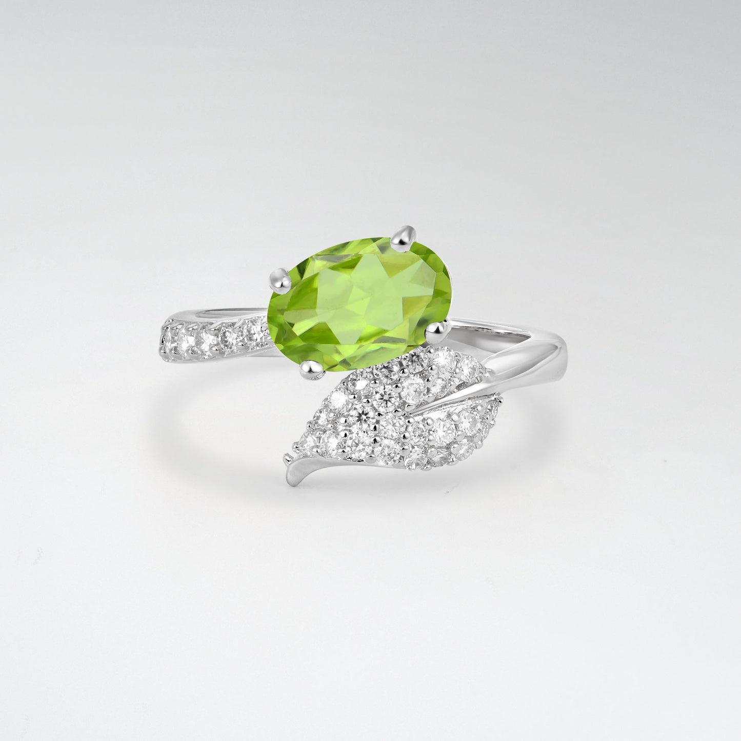 Nature-Inspired Oval Cut Peridot 1.5CT Pave Leaf Bypass Engagement Ring - Additional view