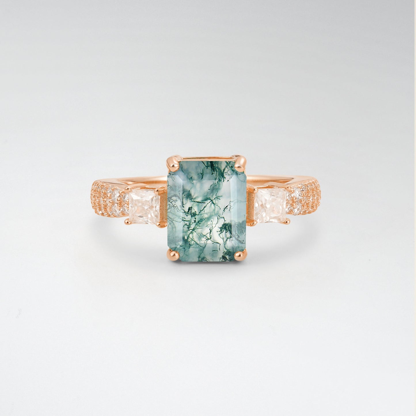 Luxurious Emerald Cut Moss Agate 2.0CT Three Stone Pave Band Engagement Ring - Additional view