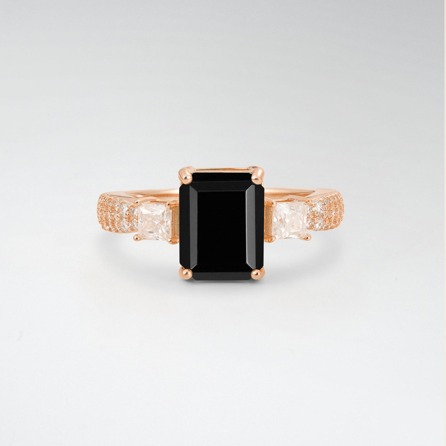 Luxurious Emerald Cut Black Onyx 2.0CT Three Stone Pave Band Engagement Ring - Additional view