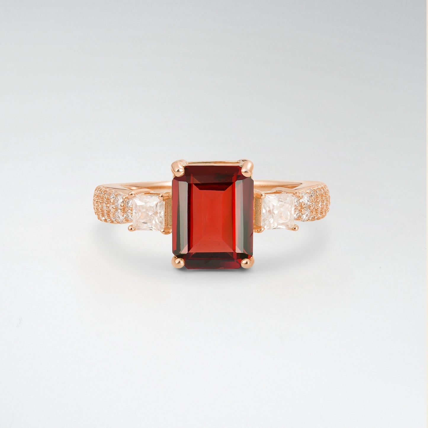 Luxurious Emerald Cut Garnet 2.0CT Three Stone Pave Band Engagement Ring - Additional view