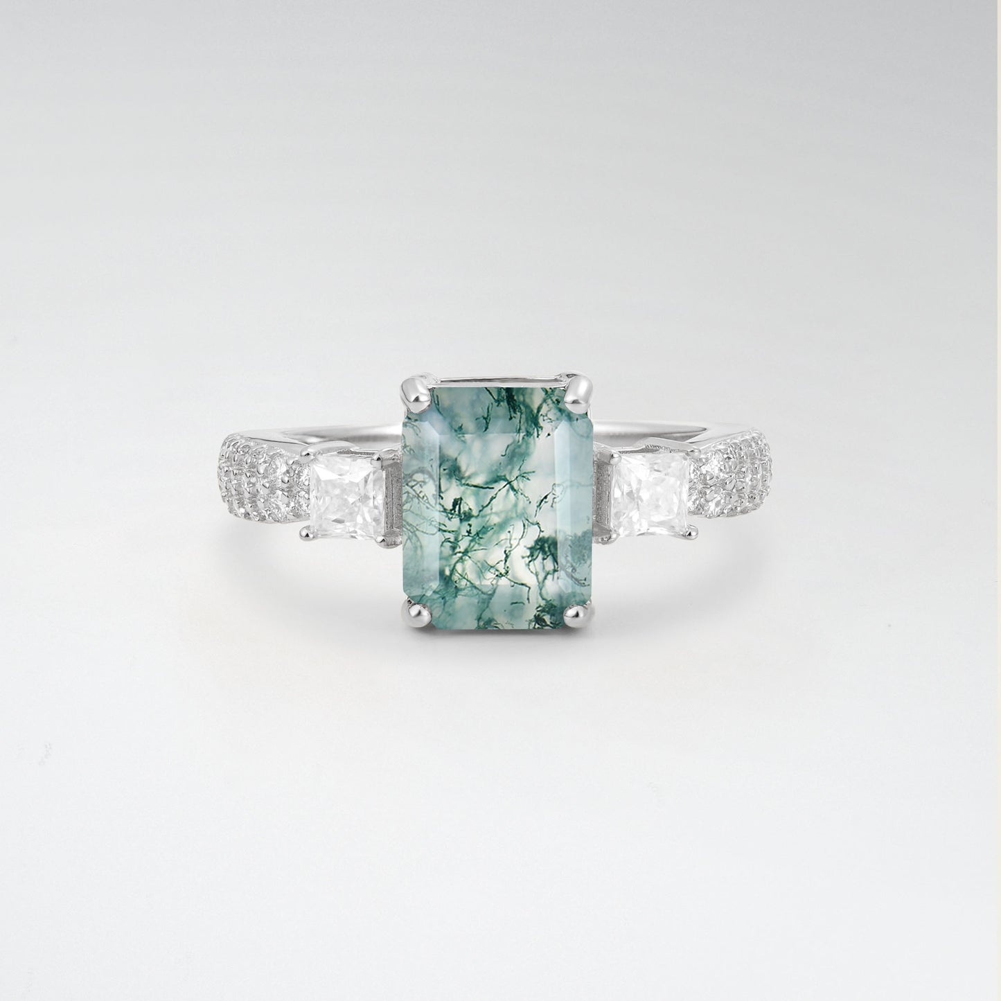 Luxurious Emerald Cut Moss Agate 2.0CT Three Stone Pave Band Engagement Ring - Additional view