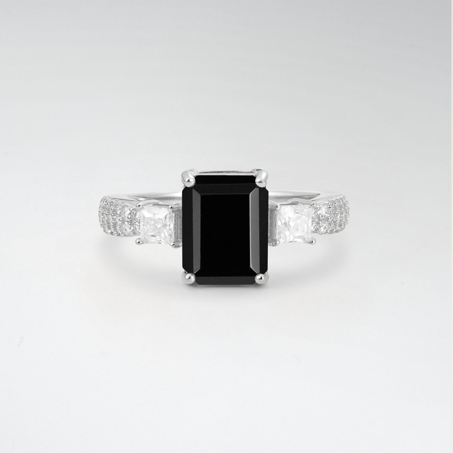 Luxurious Emerald Cut Black Onyx 2.0CT Three Stone Pave Band Engagement Ring - Additional view