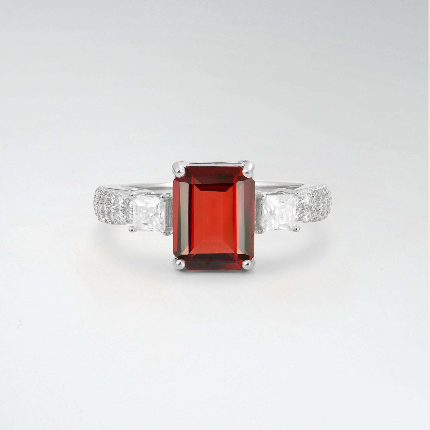 Luxurious Emerald Cut Garnet 2.0CT Three Stone Pave Band Engagement Ring - Additional view