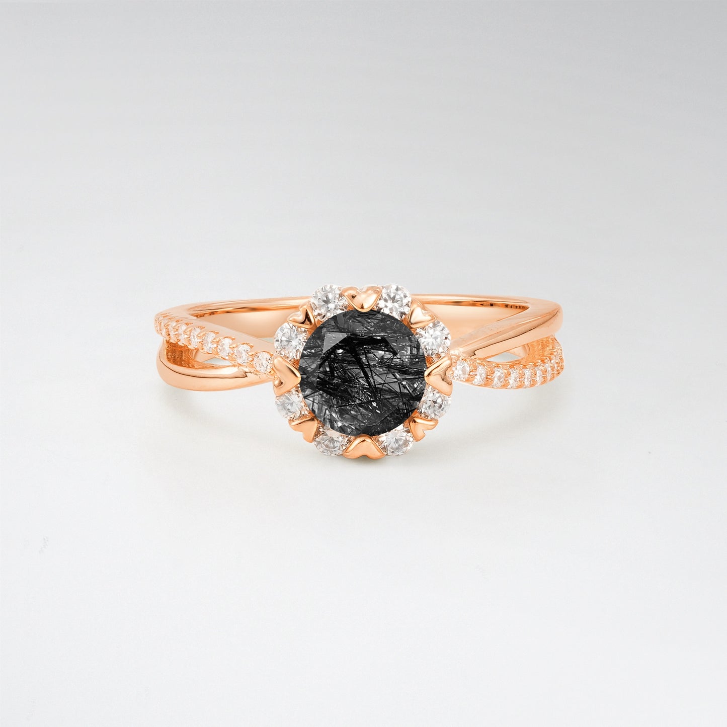 Halo Round Cut Black Rutilated Quartz 1.0CT Floral Infinity Twisted Band Engagement Ring - Additional view