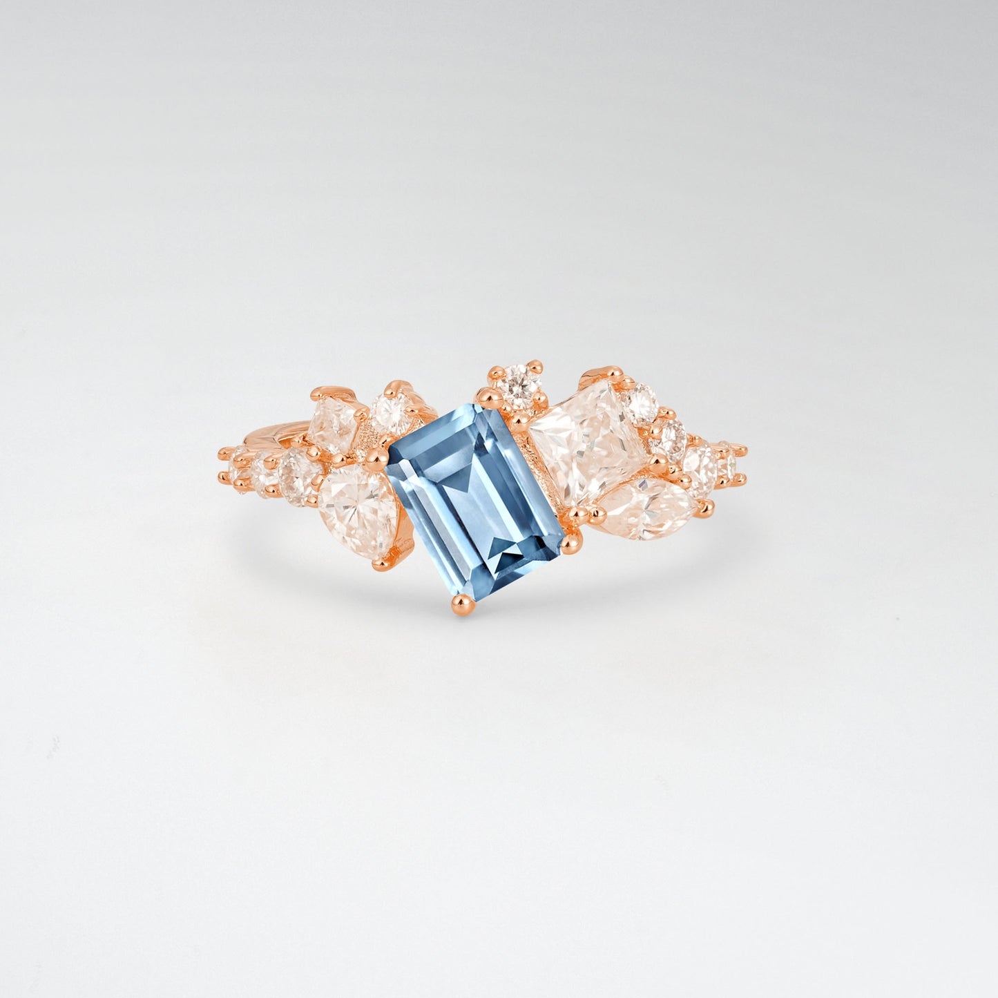 Modern Emerald Cut Aquamarine 1CT Asymmetrical Cluster Engagement Ring - Additional view