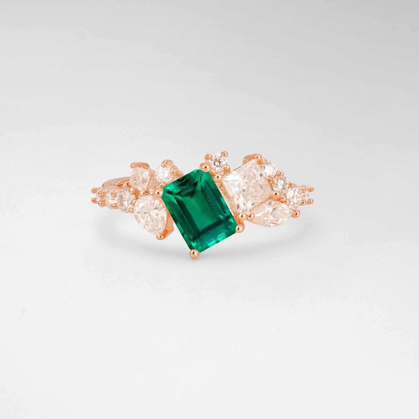 Modern Emerald Cut Emerald 1CT Asymmetrical Cluster Engagement Ring - Additional view