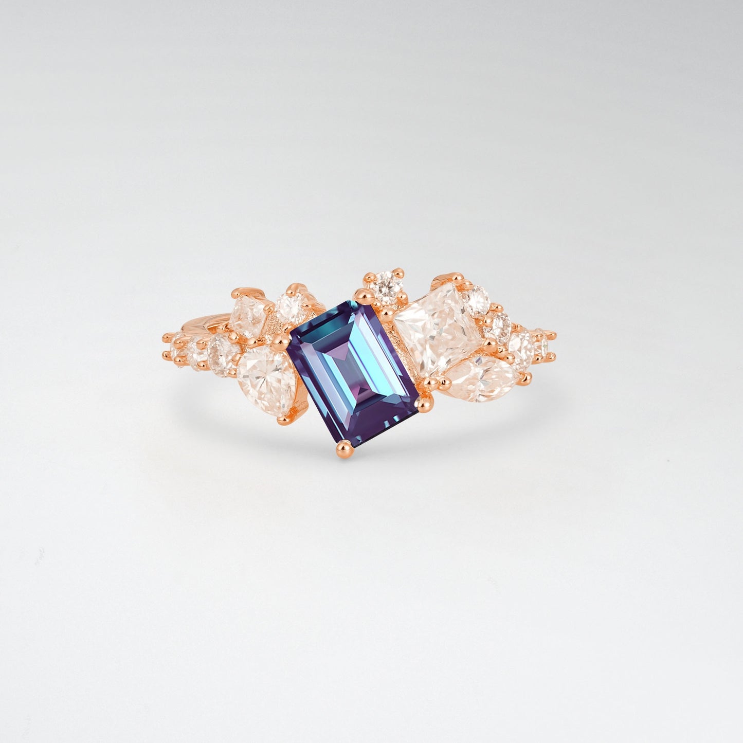 Modern Emerald Cut Alexandrite 1CT Asymmetrical Cluster Engagement Ring - Additional view