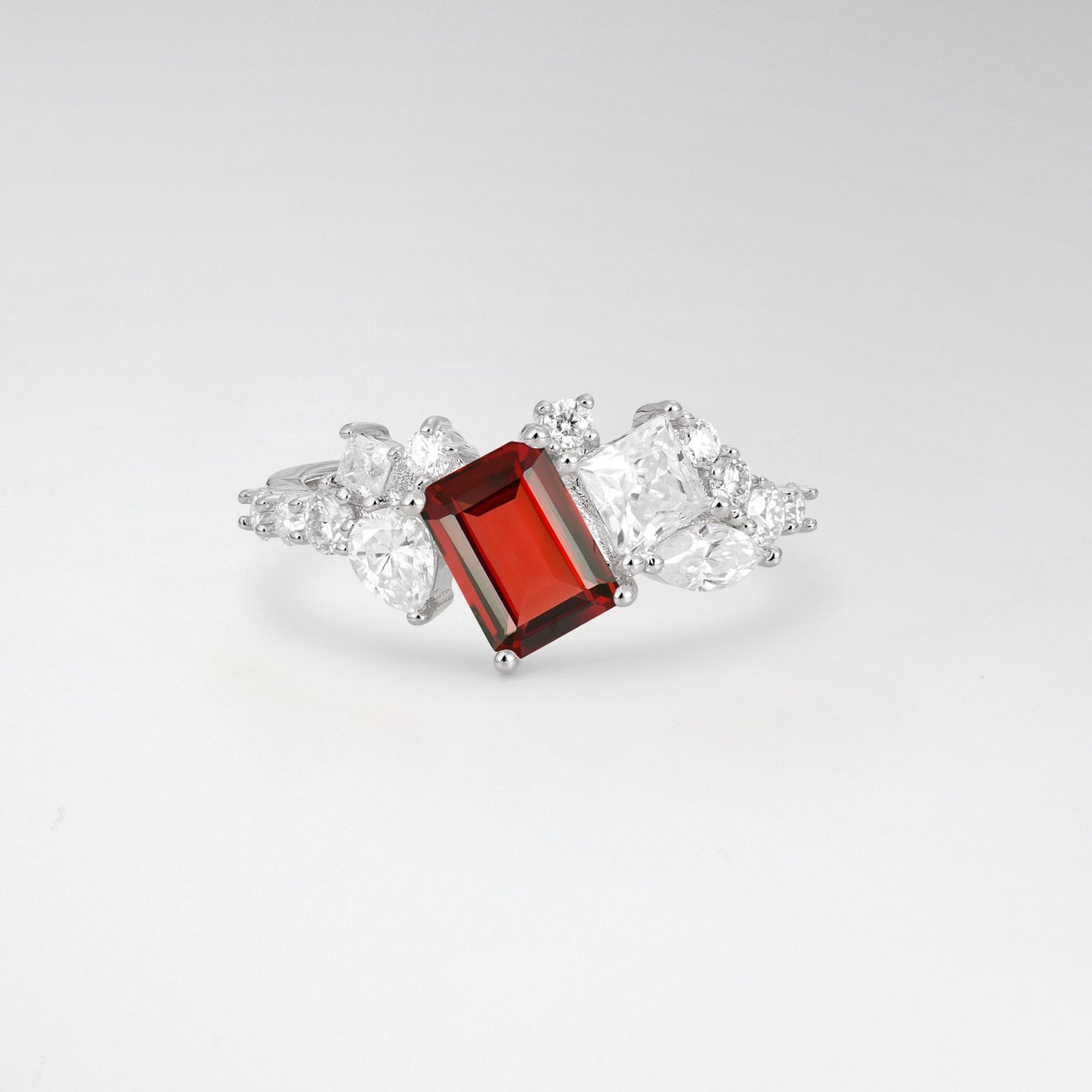 Modern Emerald Cut Garnet 1CT Asymmetrical Cluster Engagement Ring - Additional view