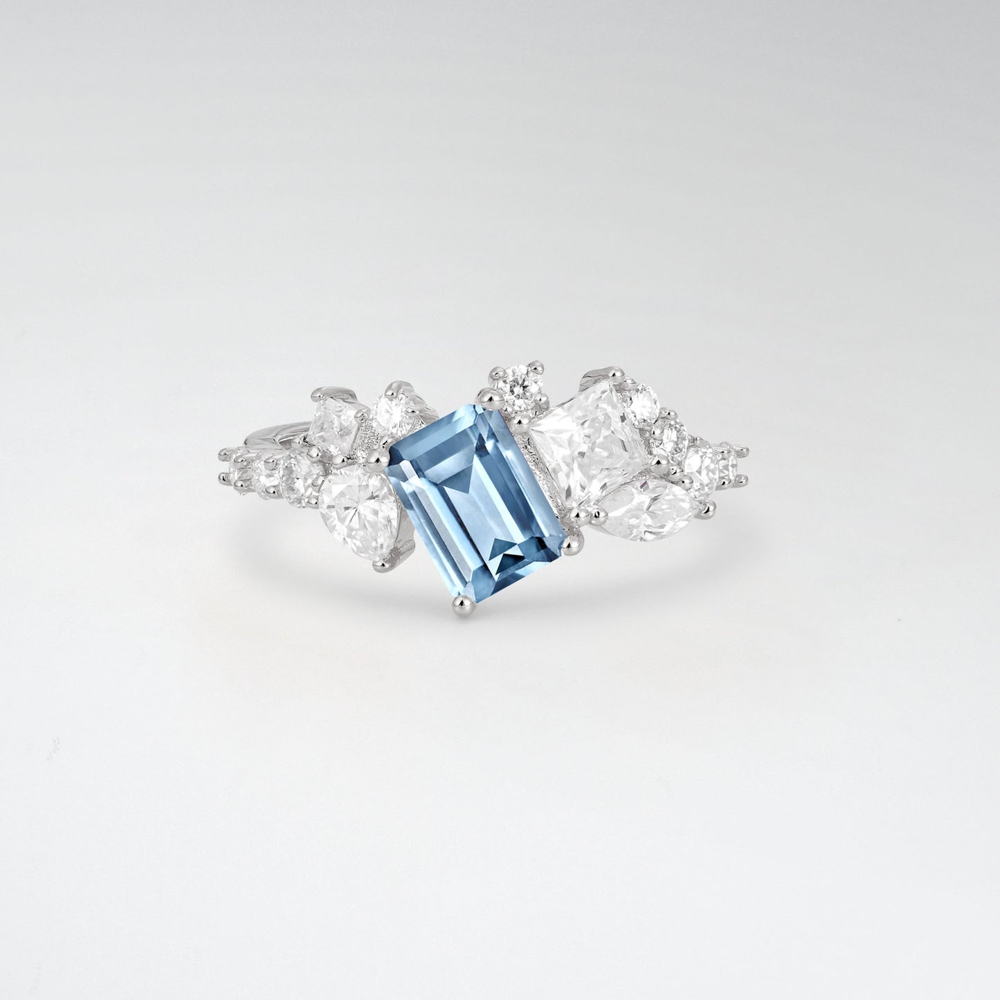 Modern Emerald Cut Aquamarine 1CT Asymmetrical Cluster Engagement Ring - Additional view