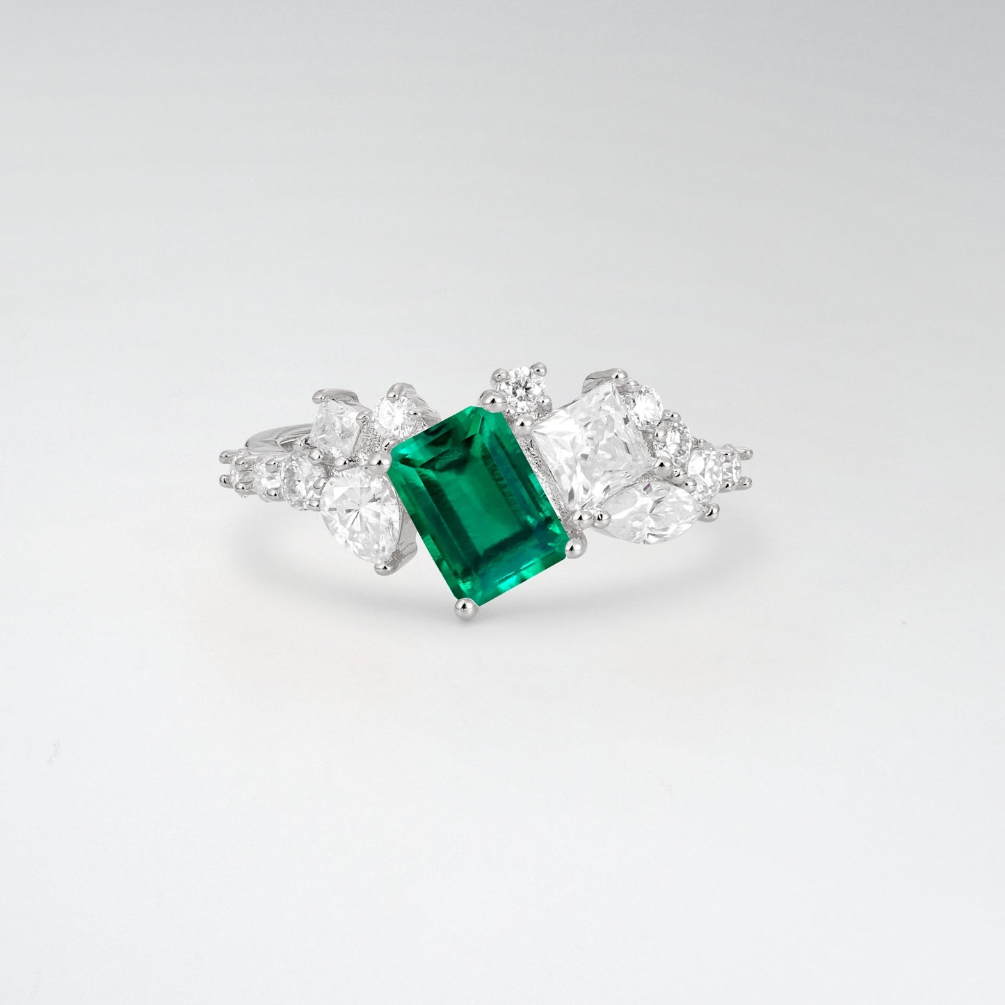 Modern Emerald Cut Emerald 1CT Asymmetrical Cluster Engagement Ring - Additional view