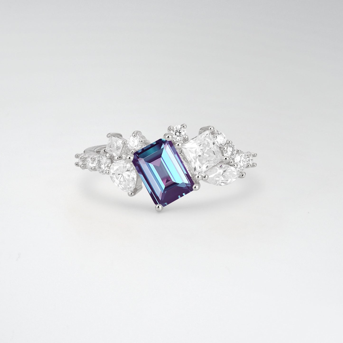 Modern Emerald Cut Alexandrite 1CT Asymmetrical Cluster Engagement Ring - Additional view