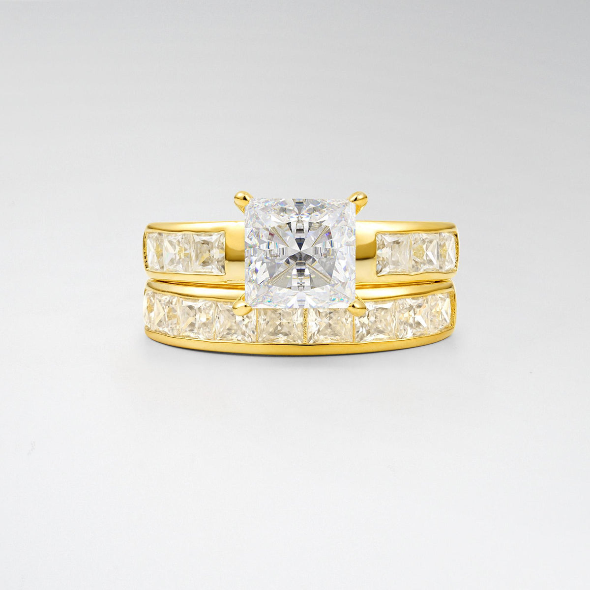 Classic Square Cut Moissanite Matching Rings - Yellow-Gold