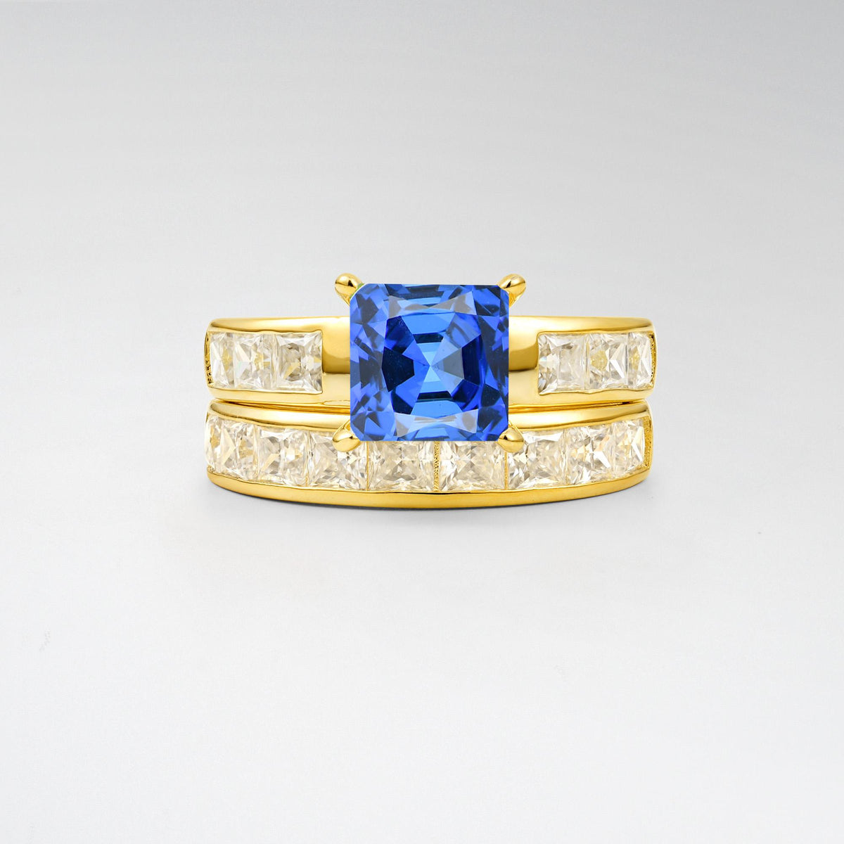 Classic Square Cut Sapphire Matching Rings - Yellow-Gold