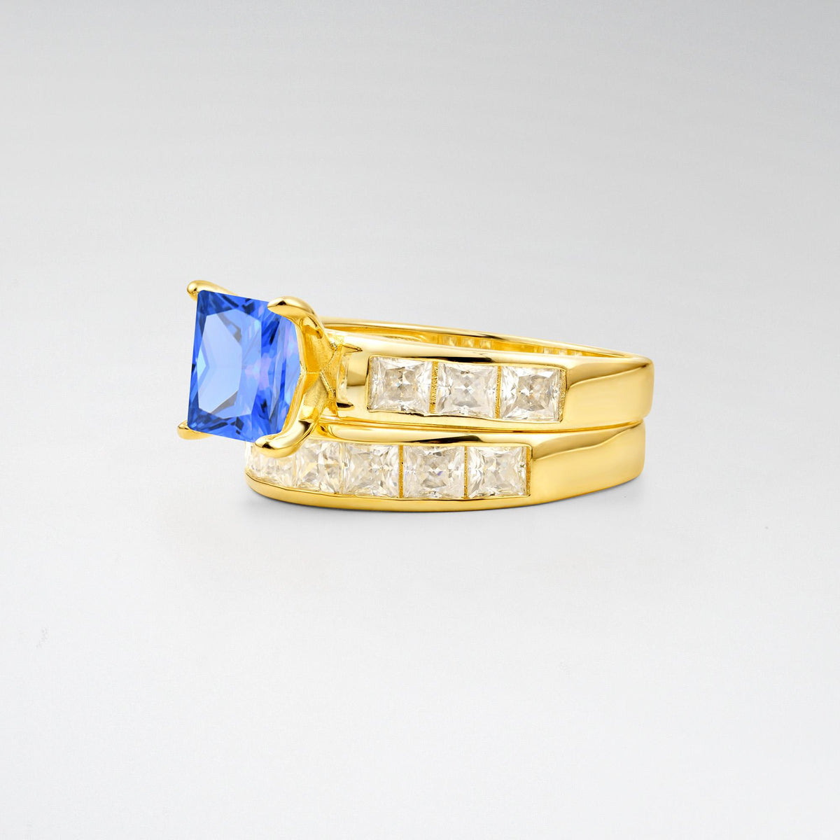 Classic Square Cut Sapphire Matching Rings - Rose-Gold