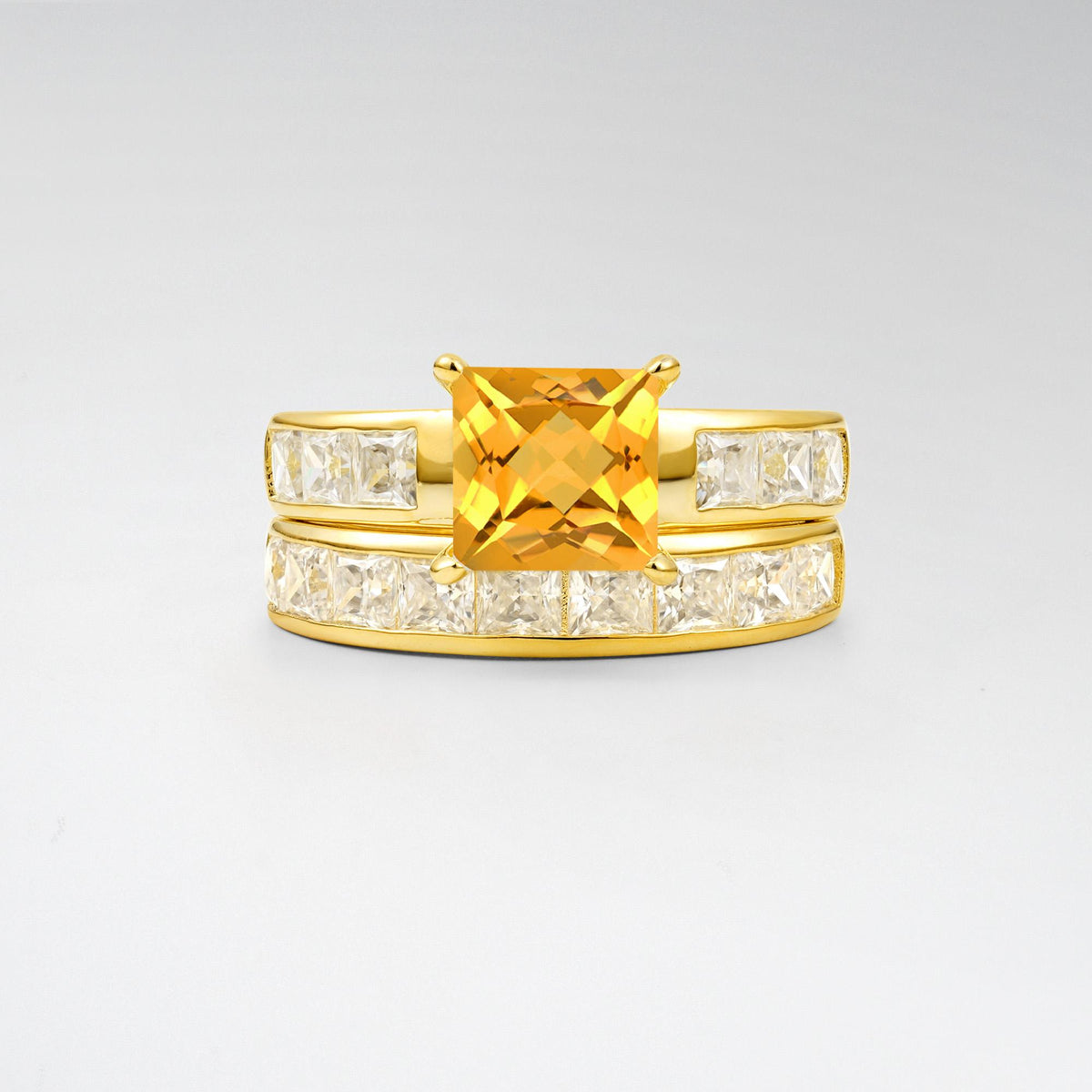 Classic Square Cut Citrine Matching Rings - Yellow-Gold