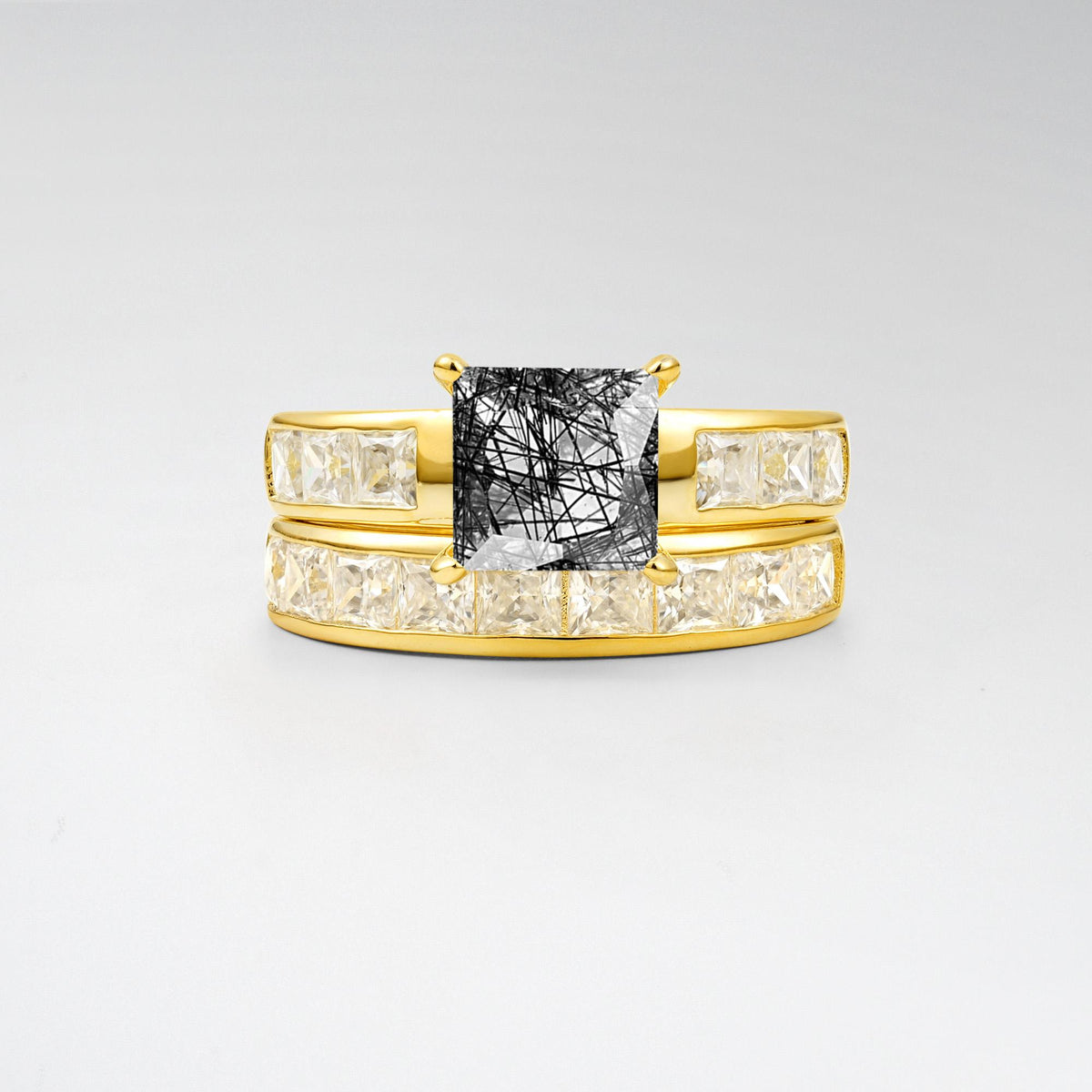 Classic Square Cut Black Rutilated Quartz Matching Rings - Yellow-Gold