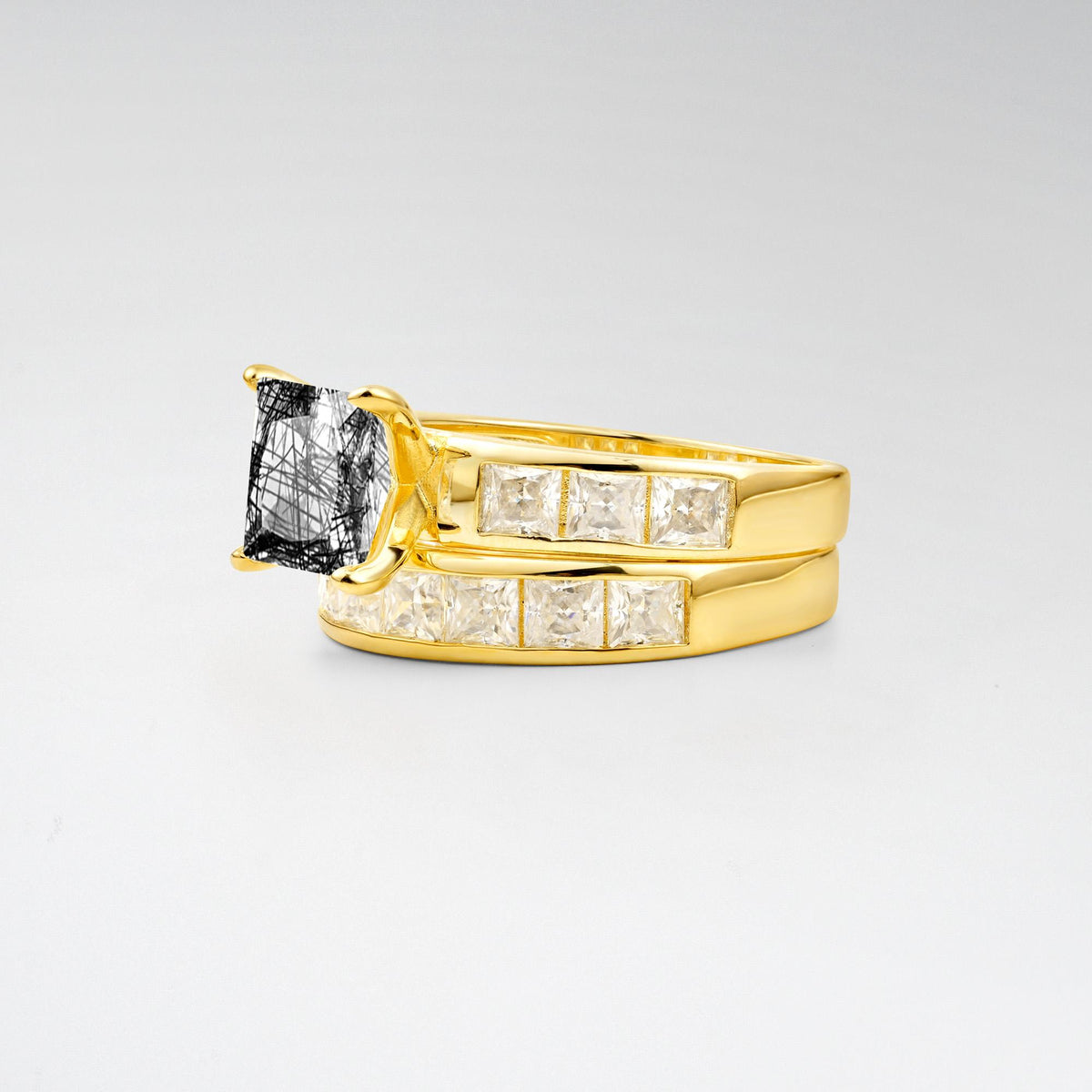Classic Square Cut Black Rutilated Quartz Matching Rings - Rose-Gold