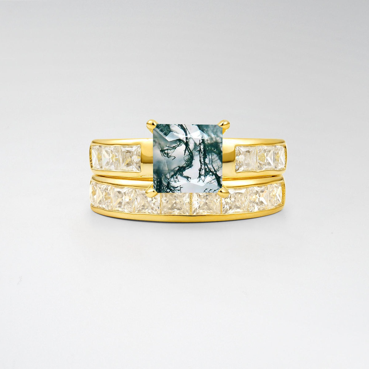 Classic Square Cut Moss Agate Matching Rings - Yellow-Gold