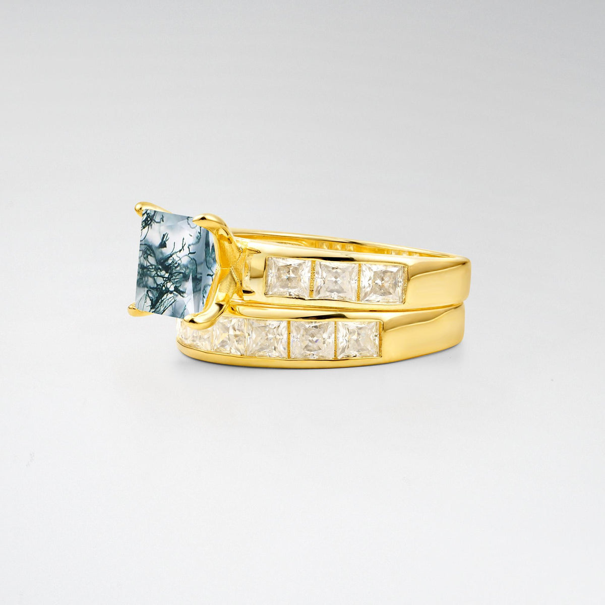Classic Square Cut Moss Agate Matching Rings - Rose-Gold