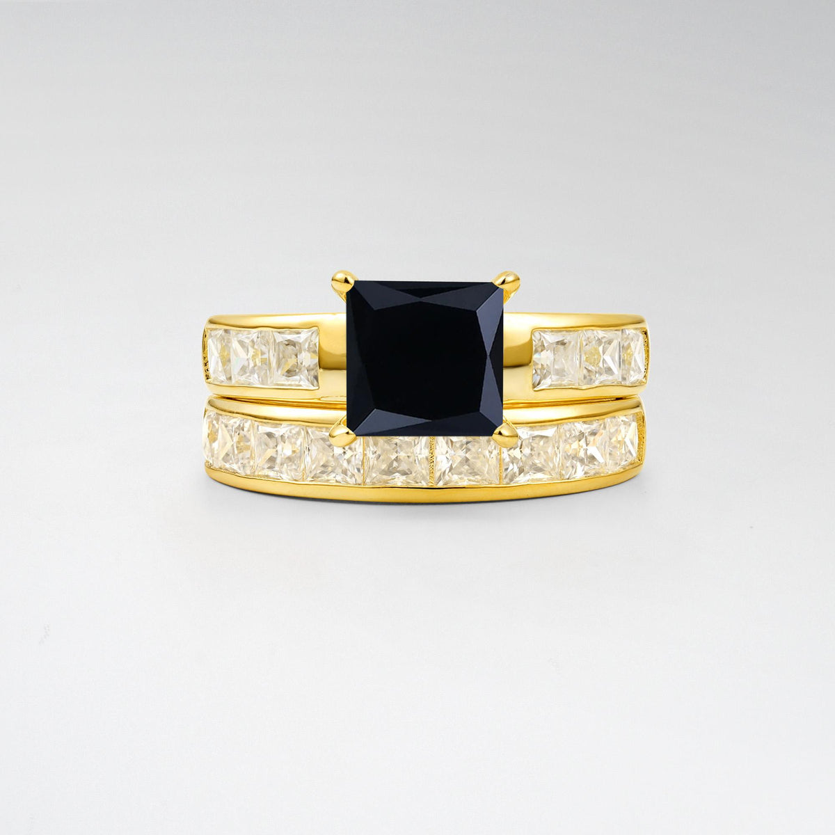 Classic Square Cut Black Onyx Matching Rings - Yellow-Gold