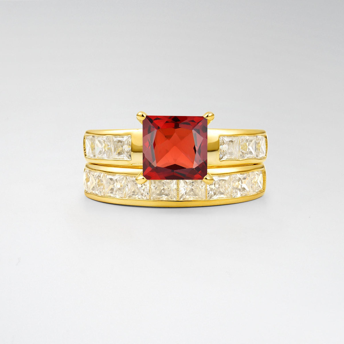 Classic Square Cut Garnet Matching Rings - Yellow-Gold
