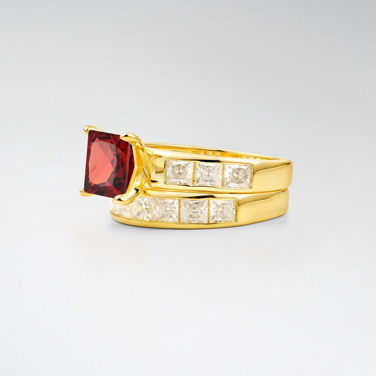 Classic Square Cut Garnet Matching Rings - Rose-Gold