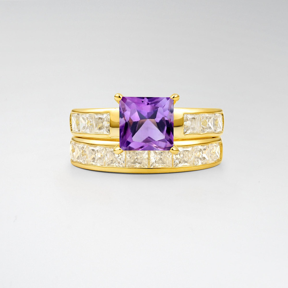 Classic Square Cut Amethyst Matching Rings - Yellow-Gold