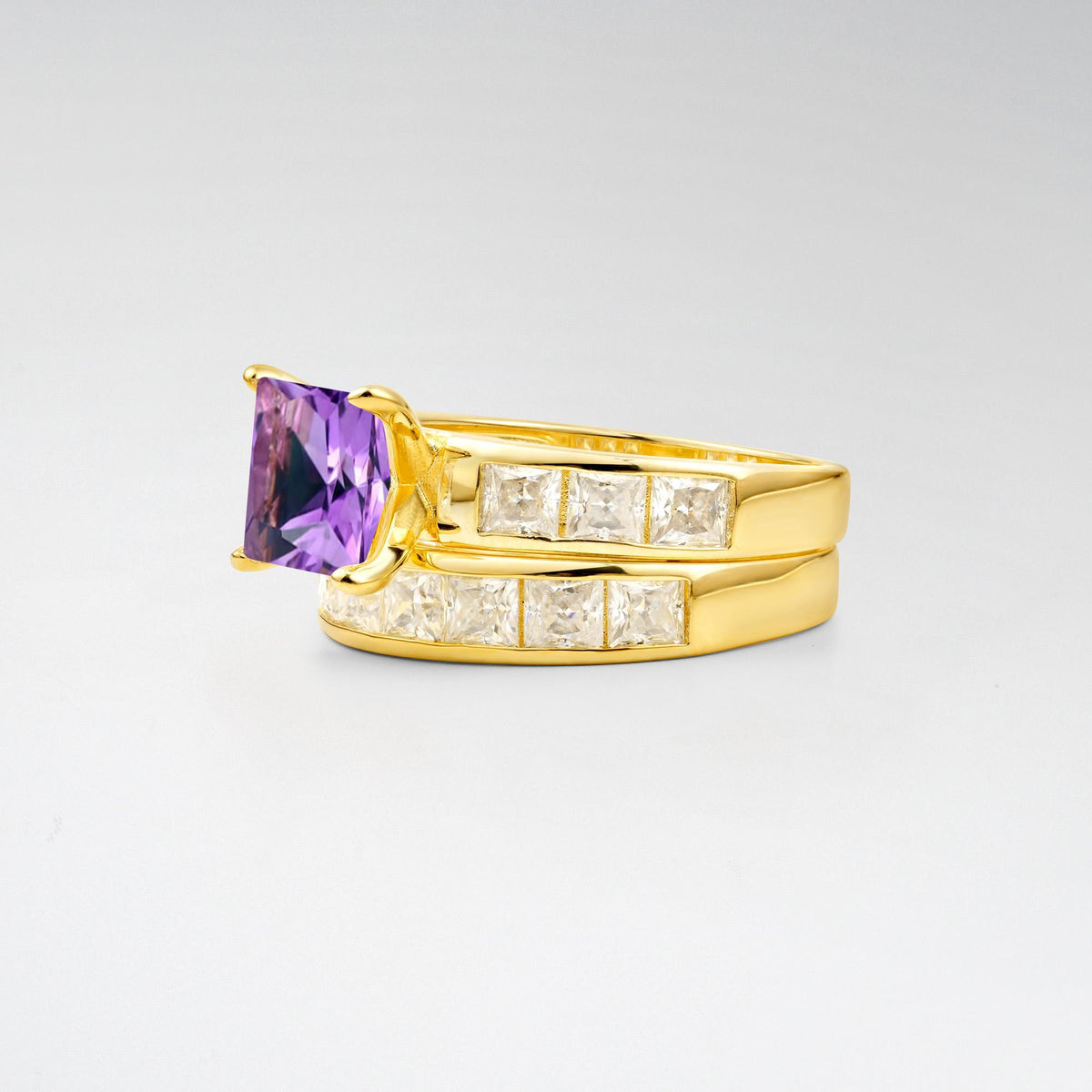 Classic Square Cut Amethyst Matching Rings - Rose-Gold